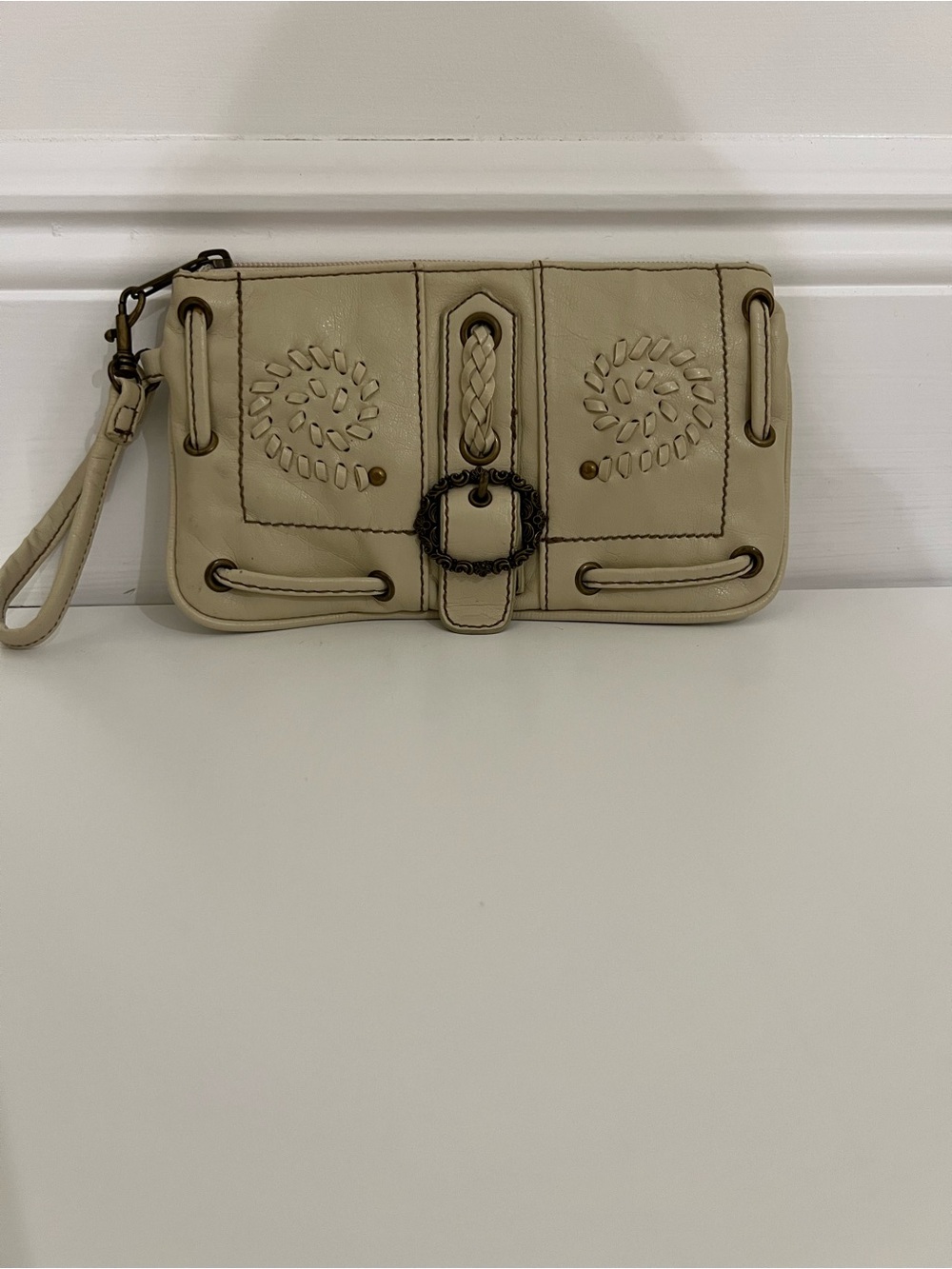 Vintage Xhiliration Cream Women's Wristlet with Decorative Buckle and Stitching